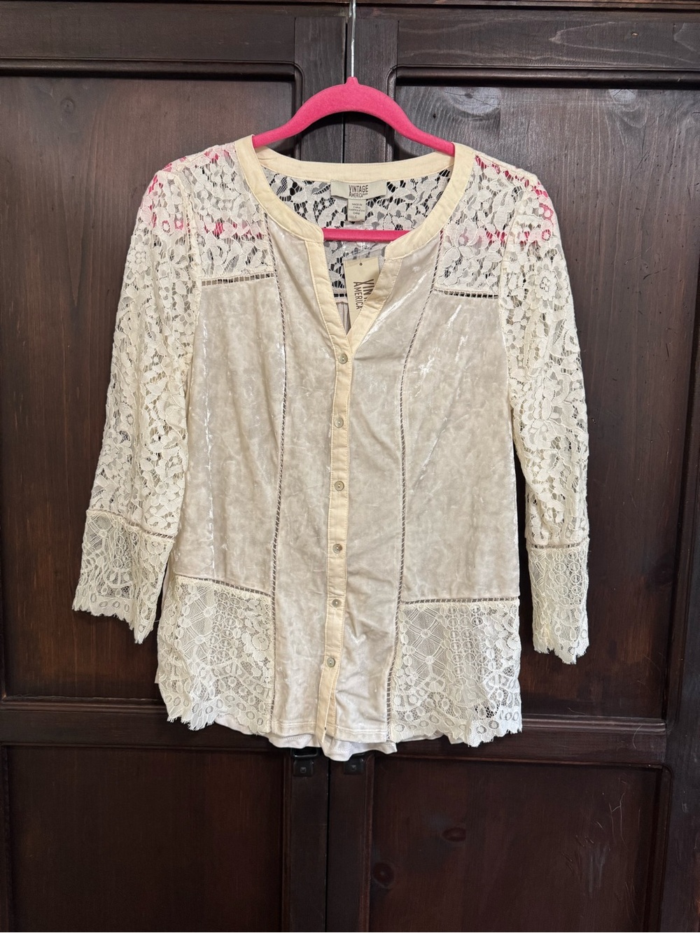 Vintage America Lace Velvet Button Front Pieced Women's Top Cream size Large